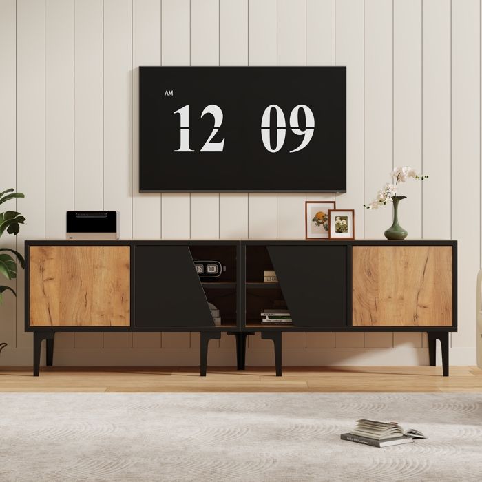 Meuble TV - ZEVKOR - Meuble TV 160 cm - 4 compartiments - 4 portes inclinées - Naturel et noir