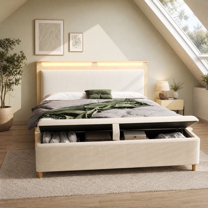 Lit double 140 x 200 cm en bois clair tête de lit avec LED banc de lit avec coffre rangement sous le lit beige