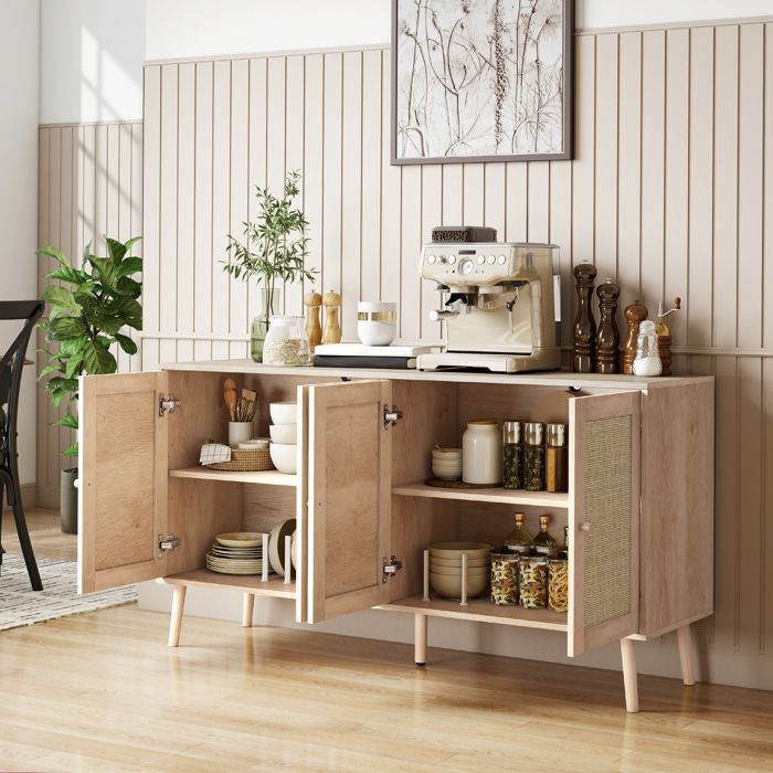 Buffet / meuble de rangement - 140 x 40 x 75 cm - Portes en cannage - Étagère réglable 3 hauteurs - Aspect bois naturel