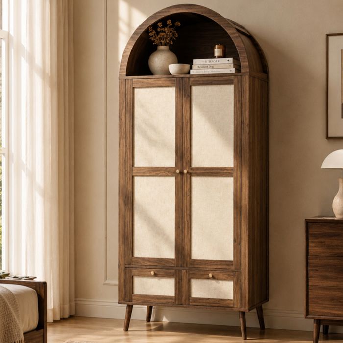 Armoire en noyer 180 cm avec 2 portes et 2 tiroirs effet rotin beige design arqué avec penderie et étagère ouverte