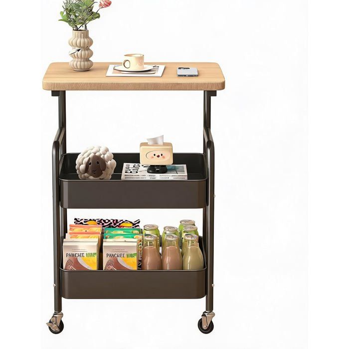 AFF DESSERTE DE CUISINE -Chariot Rangement 3 Niveaux–Roulettes–Métal–Bois–Salle de Bain Noir-Roulettes -pour au quotidien
