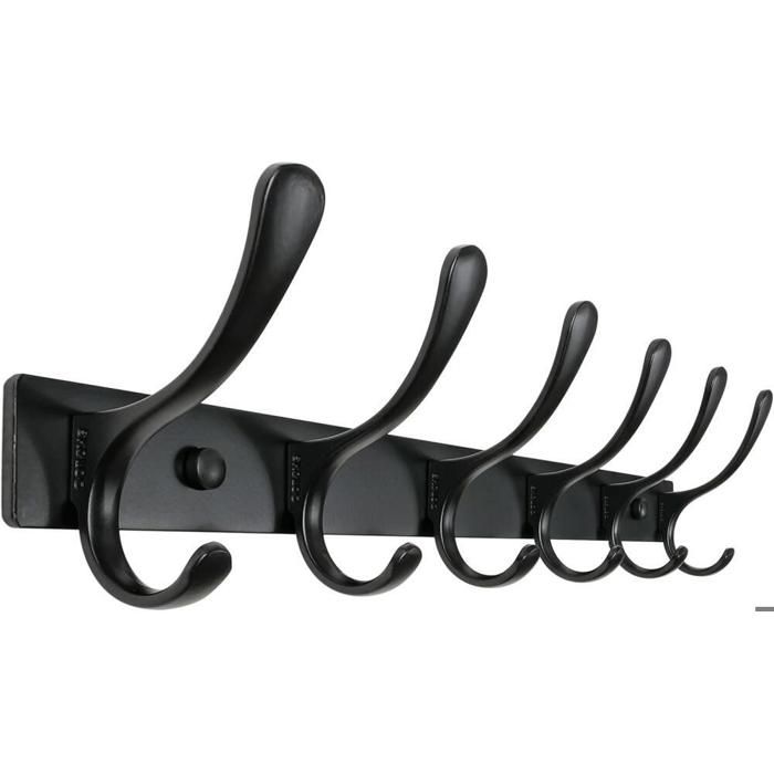 Patère Murale Noire 6 Crochets Sans Perçage en Aluminium Support de Rangement pour Vêtements et Serviettes