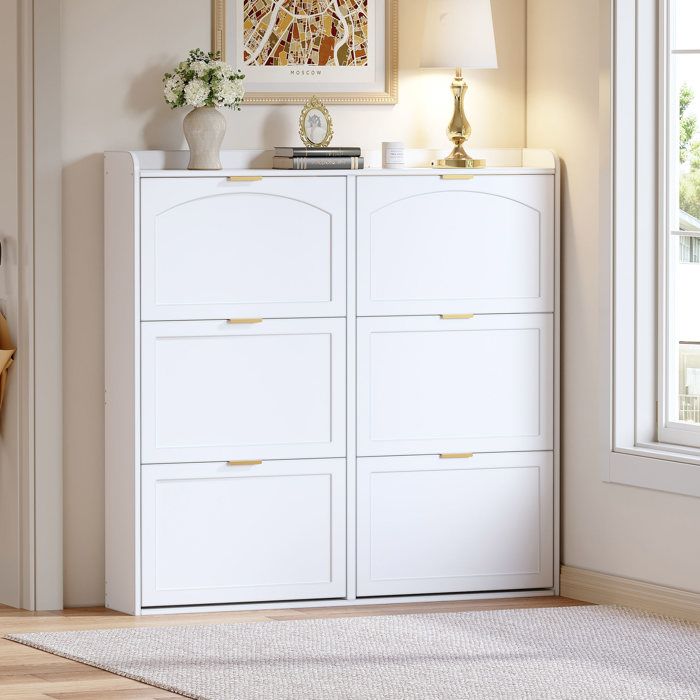 Meuble à chaussures - ZEVKOR - 120 x 23 x 118 cm - 6 compartiments basculants - Blanc - MDF/panneau de particules