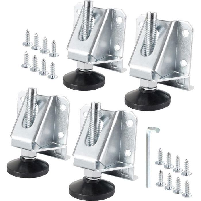 Lot de 4 pieds de meuble réglables en acier galvanisé support en L patins nylon pour meuble lourd et établi