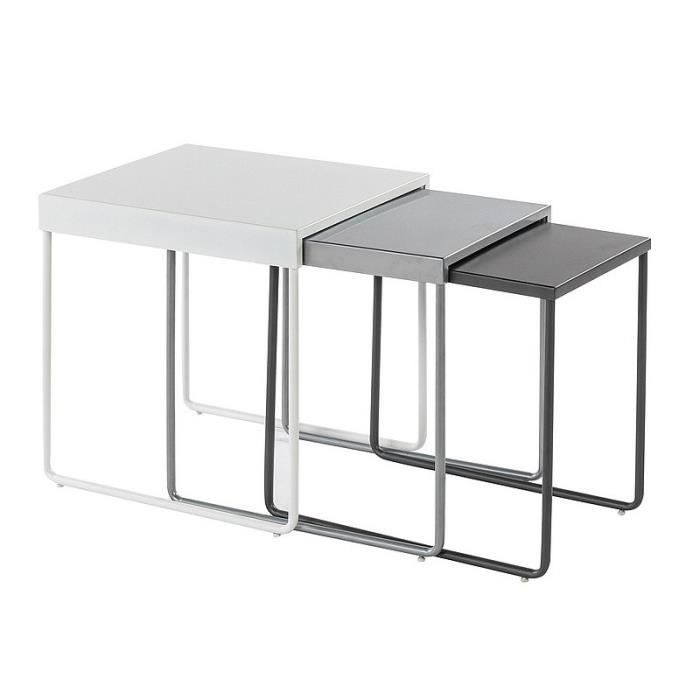 set de 3 tables gigognes en métal ac-déco - gris et blanc - pieds en métal - h 50 cm x l 45 m x l 40 cm