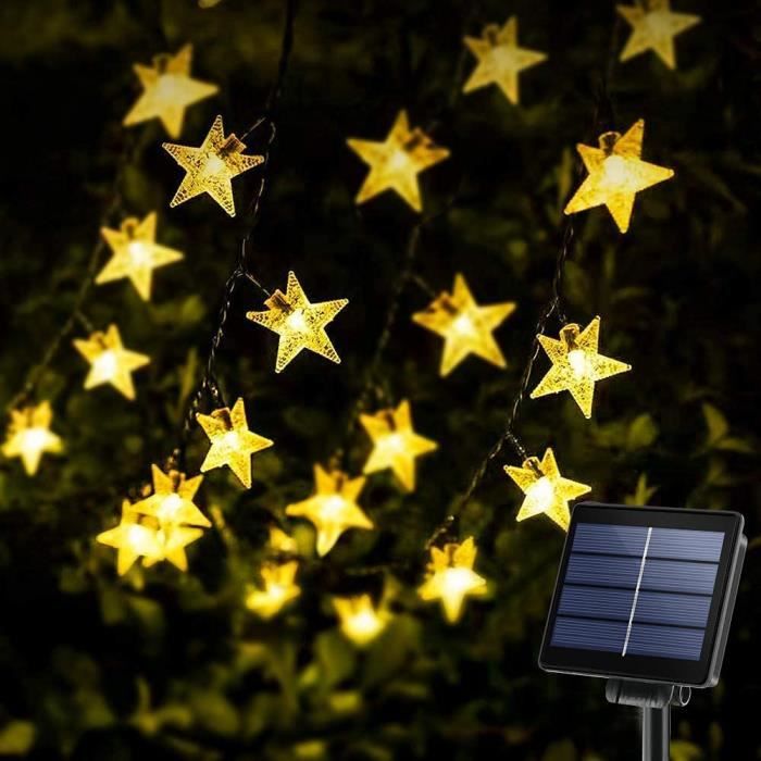Guirlandes Lumineuses Solaires Extérieur Etoile 50 LEDs 9.5m avec 8 Modes Décoration pour Jardin Chambre Fête Soirée Blanche Chaude
