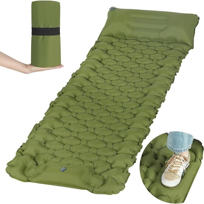matelas de camping, lit autogonflant ultra-léger avec oreiller, avec pompe à pied et sac de transport, vert 200x68x9cm