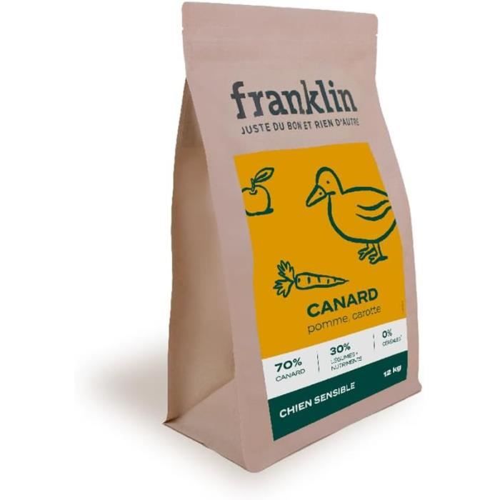 Comparer les prix de Franklin – Croquettes Chien Sans Céréales – 12kg – 70% de Canard – Mono-protéine – Digestion Parfaite – Canard, Pomme, Carotte