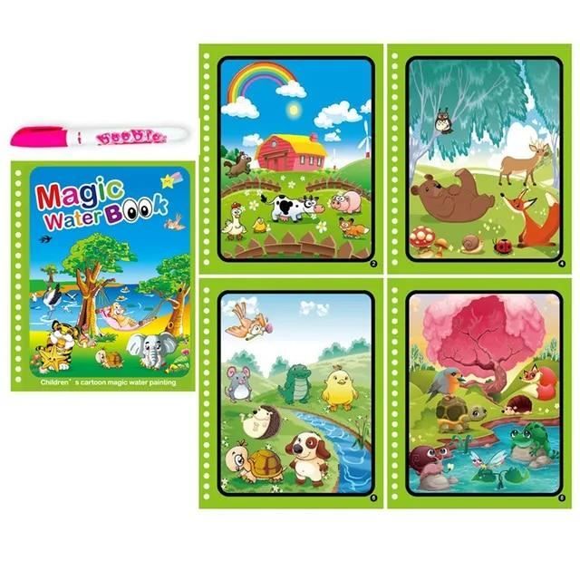 4 Pièces Livre de Coloriage a L'Eau, Livre de Coloriage à l'Eau pour Enfants, Livre de Dessin Magique de l'Eau, Magic Water Book Réutilisable avec 4 Stylos, pour Enfants Filles Garçons