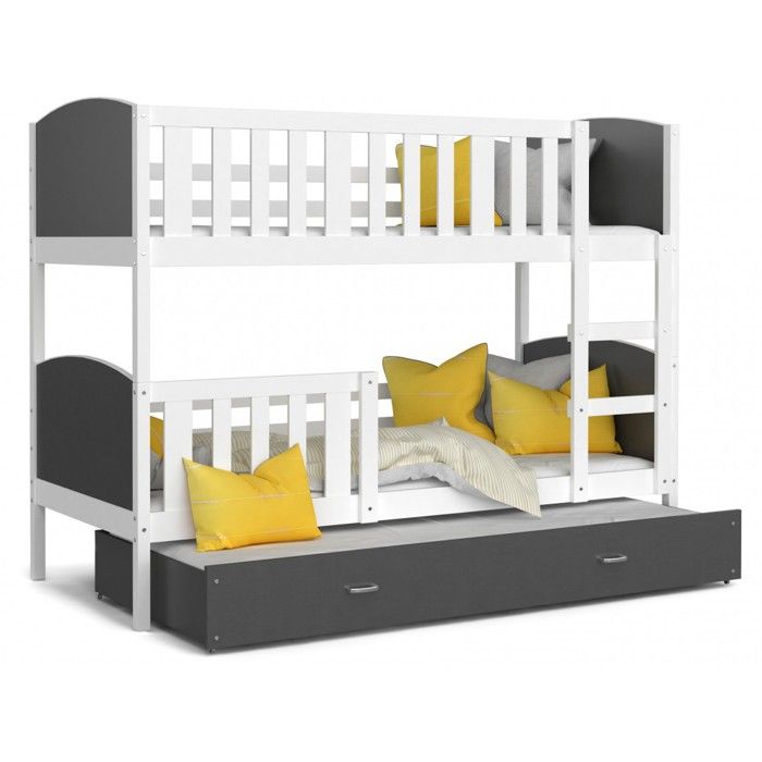 Lit superposé 3 places Tomy 90x190 BLANC GRIS Livré avec 3 sommiers et 3 matelas en mousse de 7cm OFFERTS