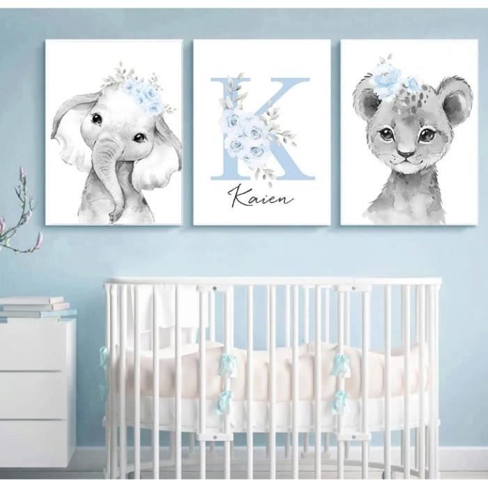 3 Toile Prenom Chambre Bebe Enfant Garcon Tableau Gris et Bleu Poster  Elephant Lion Fleurs Affiche Personnalisée 30x40 sans Cadre - Cdiscount  Maison