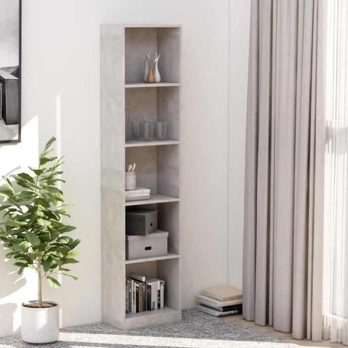 Bibliothèque EBTOOLS à 5 niveaux Gris béton - Meuble de rangement contemporain - Design - 40x24x175 cm