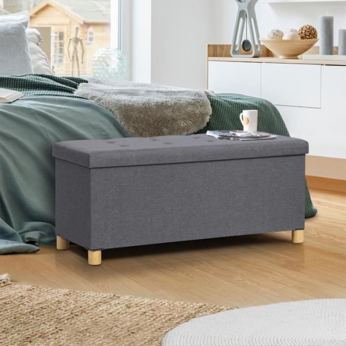 banc coffre rangement sur pied 100 cm en tissu gris anthracite - idmarket