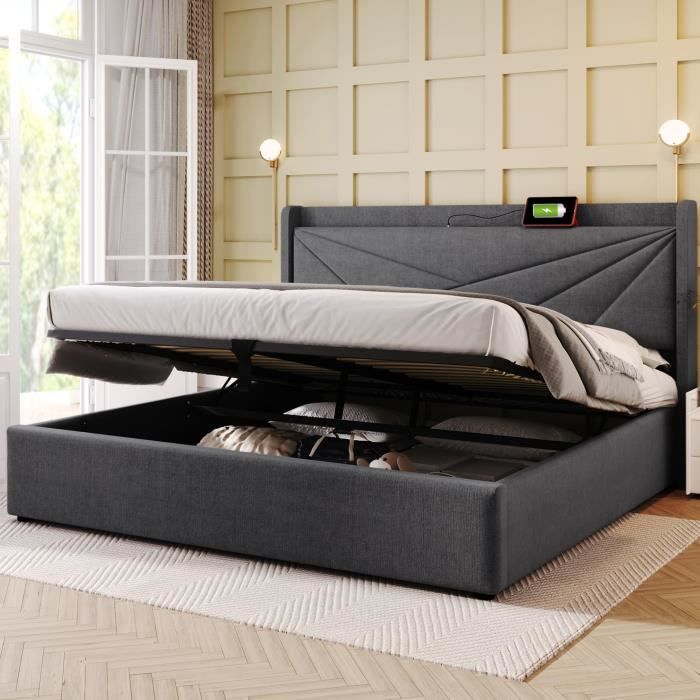 lit coffre 180x200 cm avec chargement usb type c - structure de lit double avec sommier à lattes - tissu en lin - gris