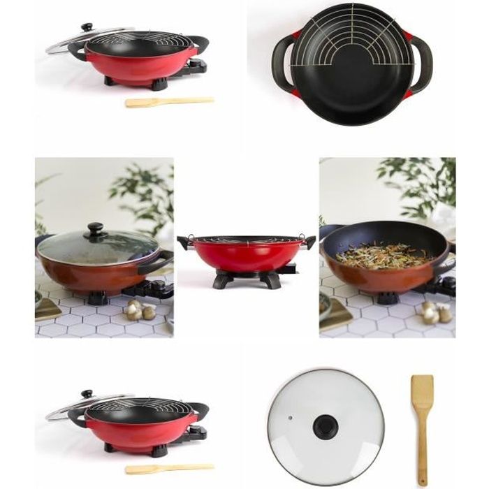 Wok électrique rouge 1500W Revêtement antiadhésif Contenance 4 L