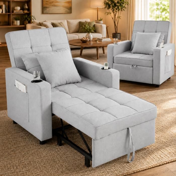 Fauteuil chauffeuse canapé-lit convertible 1 place coussin pieds accoudoirs métal noir velours gris clair