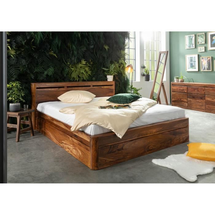Lit double en bois massif de palissandre ciré - TORONTO 260 - 160x200cm - Noisette Lit double en bois massif de palissandre ciré - TORONTO 260 - 160x200cm - Noisette