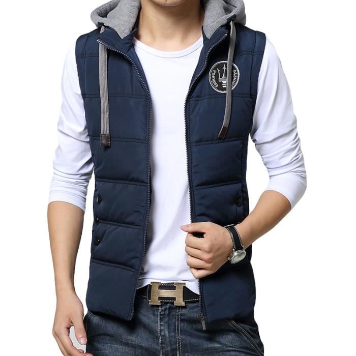 Doudoune Homme Svelte Encapuchonn?� Sans Manches Bleu profond V??Tement Masculin Bleu profond 