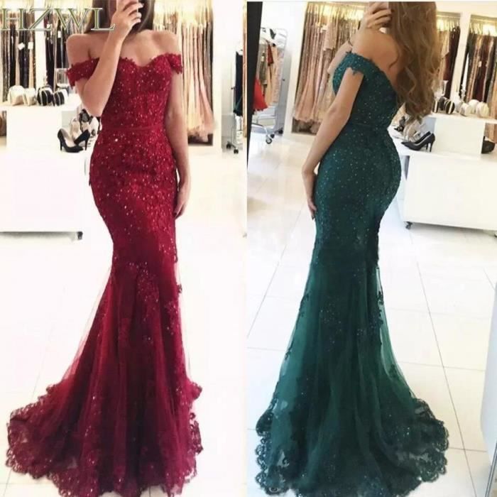 Robe de soiree de forme sirene bordeaux dentelle perlee epaules denudees longueur au sol robes d occasion formelles 20 Blanc Cdiscount Pret a Porter