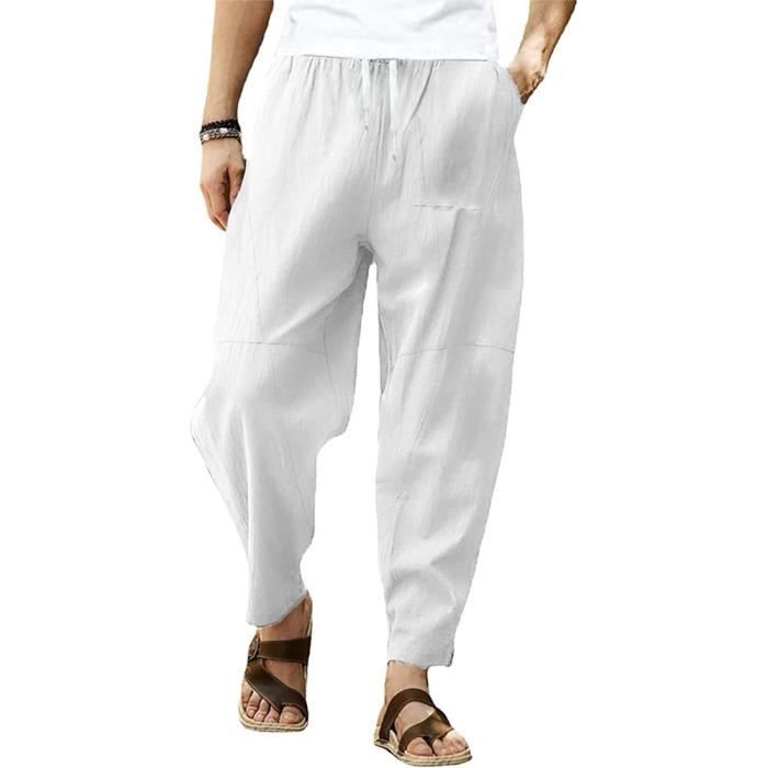 CMTOP Pantalon Homme Lin Été - Léger Respirant Taille Élastique Avec Cordon, Confort Plage Et Quotidien