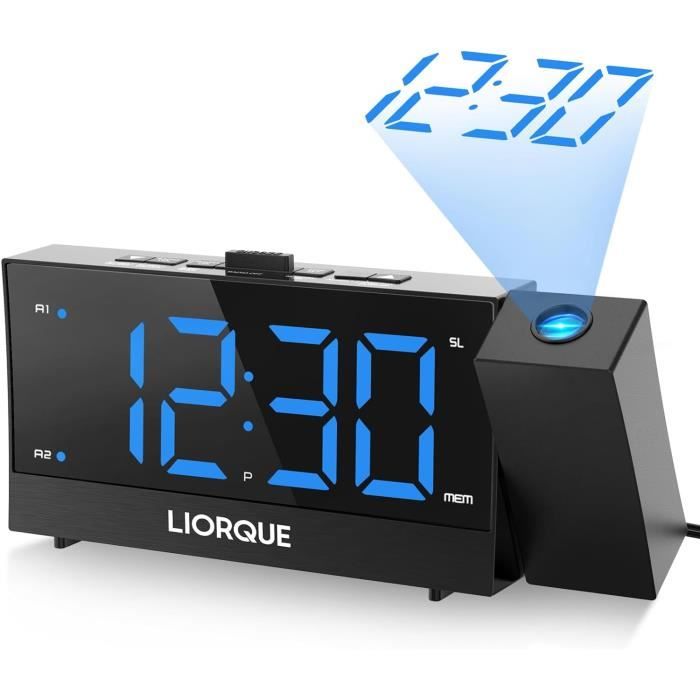 Réveil Projecteur Mesqool - Affichage Plafond 180° - Double Alarme + USB Charge - Luminosité Réglable - Pour Gros Dormeurs