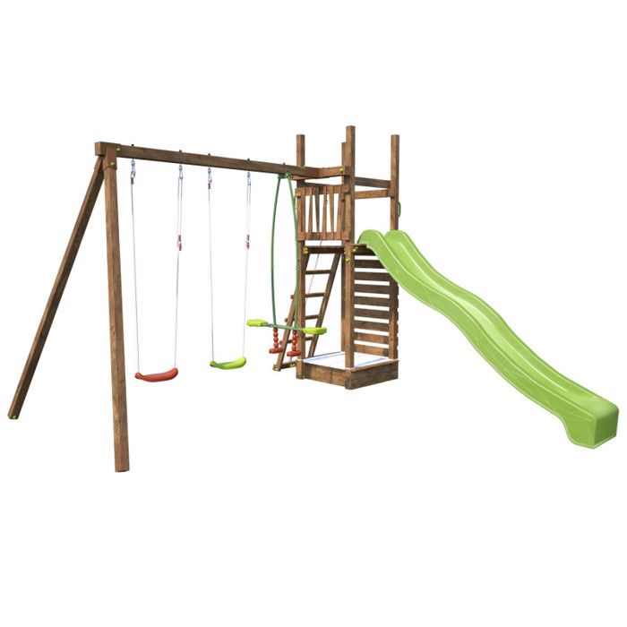Aire de jeux pour enfant avec portique et mur d'escalade - SOULET Happy Swing & Climbing 150 en bois