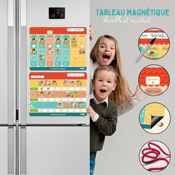 Planning Semaine Enfant KréaLife® - Tableau Magnétique 40x40 cm | +220 Aimants Colorés, Tableau Éducatif Bilingue FR/EN, Jeu Organisation & Routine, Cadeau Ludique & Pédagogique