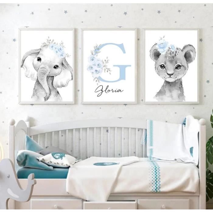 3 Toile Prenom Chambre Bebe Enfant Garcon Tableau Gris et Bleu Poster  Elephant Lion Fleurs Affiche Personnalisée 30x40 sans Cadre - Cdiscount  Maison
