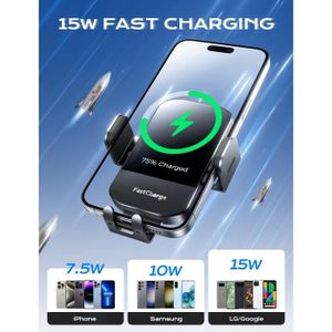 Support Téléphone Voiture Induction 15W - Charge Rapide Sans Fil, Clip Grille D'aération, Rotation 360°