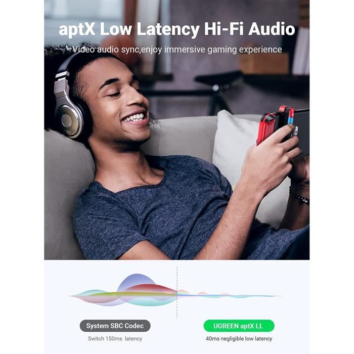 Adaptateur Bluetooth 5.0 pour PS4/PC/Nintendo Switch Lite/station d'accueil  TV, transmetteur audio sans fil avec aptX LL, double flux, chat vocal en  jeu, faible latence, prise en charge des écouteurs Bluetooth AirPods (noir)  