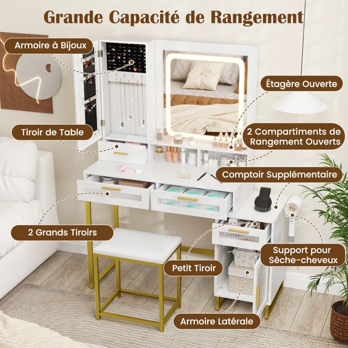 Coiffeuse Avec Miroir LED Et Tabouret - 108 Cm De Large - 3 Couleurs De Lumière - Station De Charge Intégrée - Rangement Spacieux - Style Industriel/blanc