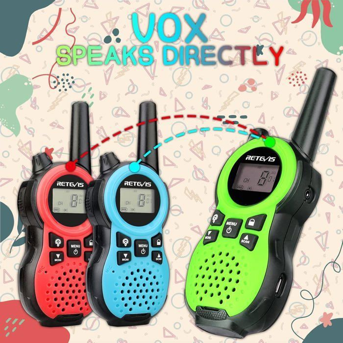 Retevis RT638 – Talkie-walkie Enfant 3 Pièces, 16 Canaux PMR446, Lampe Torche, VOX Mains Libres, Cadeau Anniversaire (Vert/Rouge/Bleu)