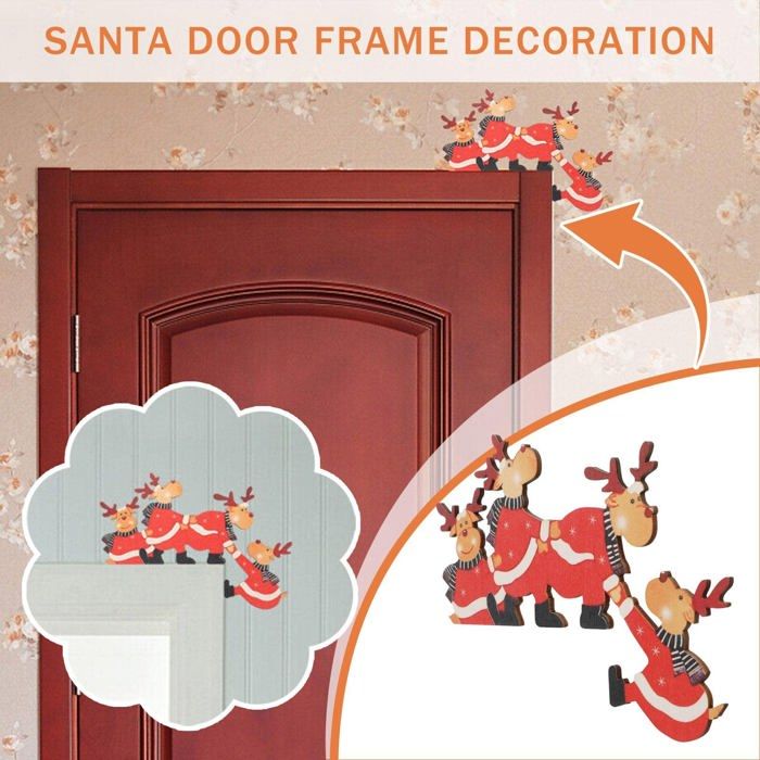 Décoration De Porte De Noël En Bois Double Face - Père Noël Et Renne - Avec Autocollants Pour Fixation Facile