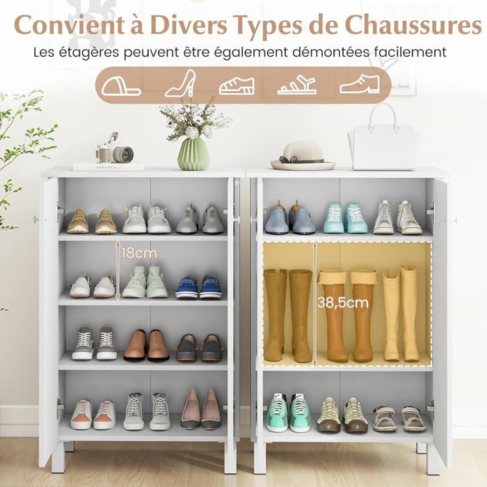 COSTWAY Meuble à Chaussures 6 Niveaux Blanc - Armoire Chaussures Avec Portes Et Étagères Réglables