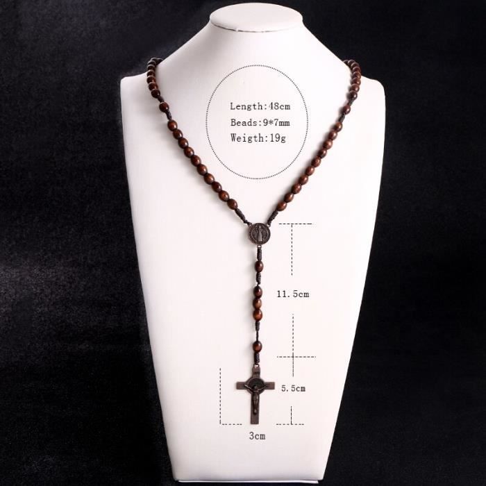 Chapelet Ou Collier En Bois Avec Croix - 45 Cm, Perles Et Pendentif, Pour Femmes Ou Hommes
