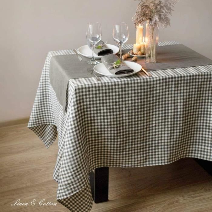 Nappe En Lin Carreaux Vichy Estella – Blanc Et Gris, 140x140cm, Neuve