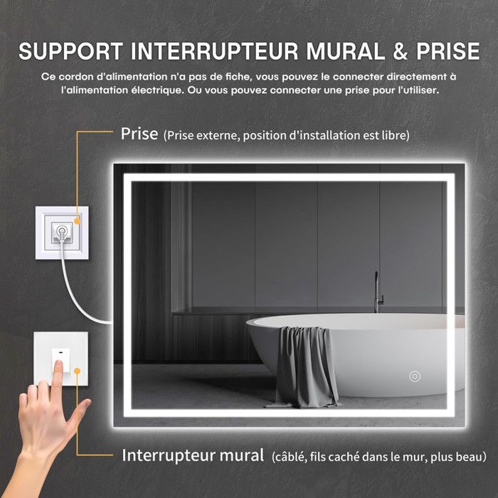 Miroir Salle De Bain LED Anti-Buée 100x60cm | Éclairage 6500K, Interrupteur Tactile, IP44