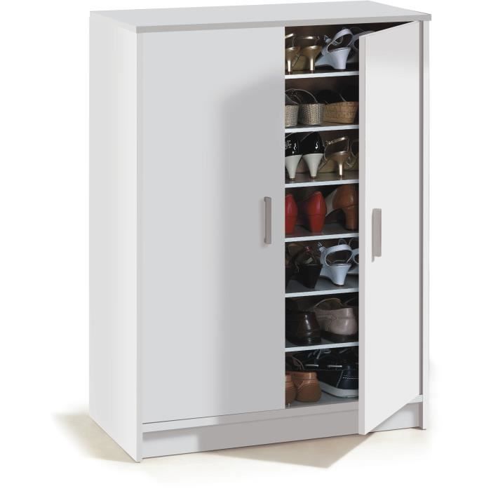 Meuble à chaussures armoire BASIC - 2 portes + 6 étagères - Mélaminé blanc - 30 paires - L75 x P36 x