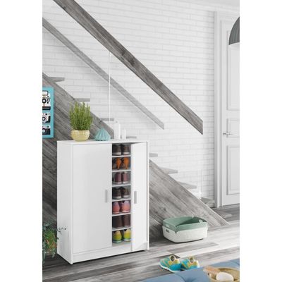 Meuble à Chaussures Avec Banc Rembourré - Blanc Brillant, 128x30x68 Cm, 2 Tiroirs, 1 Armoire, étagères Ouvertes, Pour Entrée, Couloir