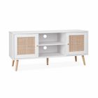 SWEEEK Meuble TV en cannage 120x39x56.5cm - Bohème - Blanc. 2 niveaux. 2 étagères. 2 portes. pieds scandinaves