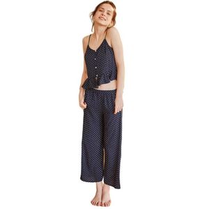 PYJAMA Pyjama Femme 2pcs en Satin Camisole Chemise De Nuit Col V avec Pantalons Pyjama à Pois-Bleu Foncé