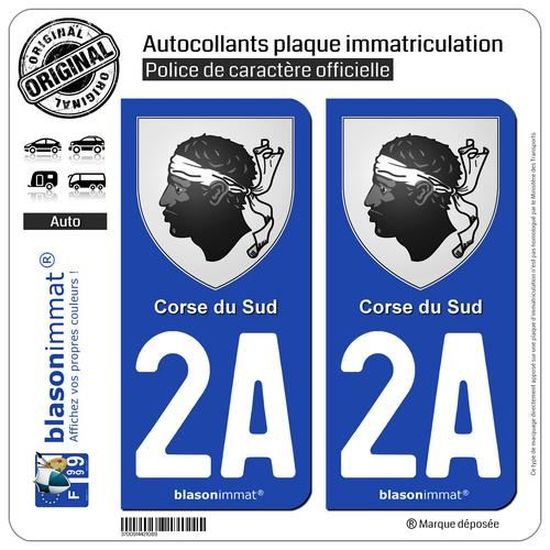 2 Stickers autocollant plaque immatriculation Armoiries 2A Corse du Sud 