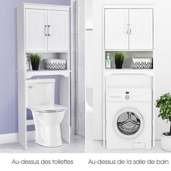 Costway meuble étagère de salle de bain, rangement au dessus des toilettes  wc ou lave-linge, 2 étagères ouverte et 2 tiroirs, 60 x 20 x 165 cm, blanc  - Conforama