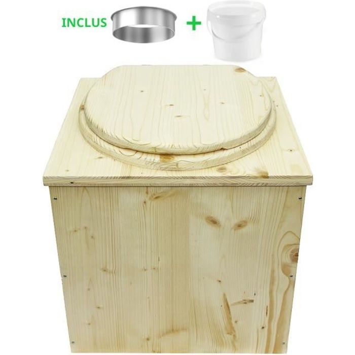 Toilette sèche en bois écologique - Livraison avec seau plastique alimentaire et bavette de protection inox