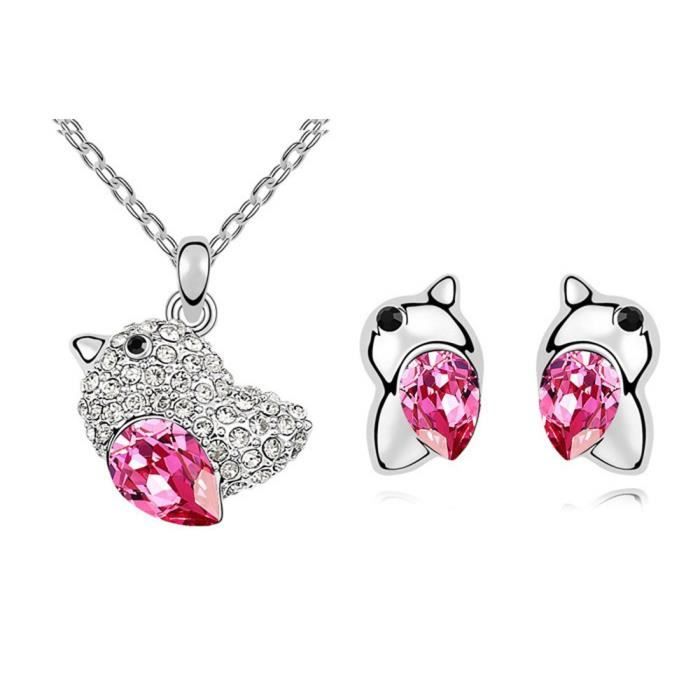 Rose Cristal Swarovski Elements Bird Pave Collier plaqué or et boucles d'oreilles Ensemble de bijoux
