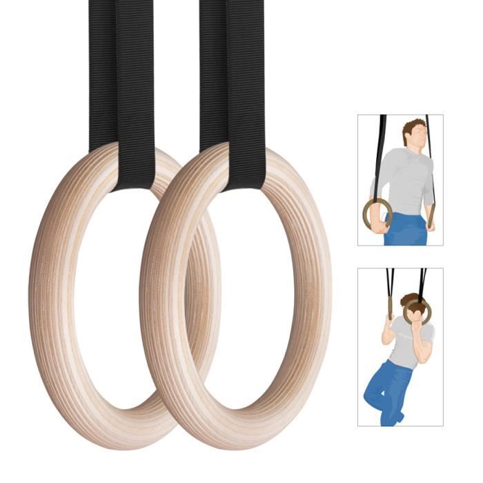 Anneaux de gymnastique en bois de 28 mm avec sangle réglable longue de 4,5 m pour la musculation à la maison