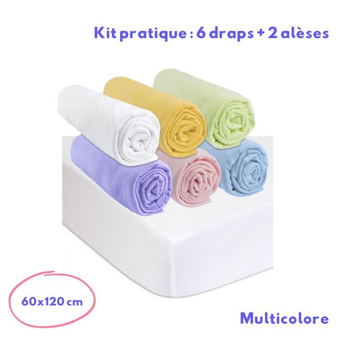 Kit pratique de linge de lit bebe : 6 draps housse 60x120 multicouleur + 2 alèses, protèges matelas 60x120 lit bebe 100% coton