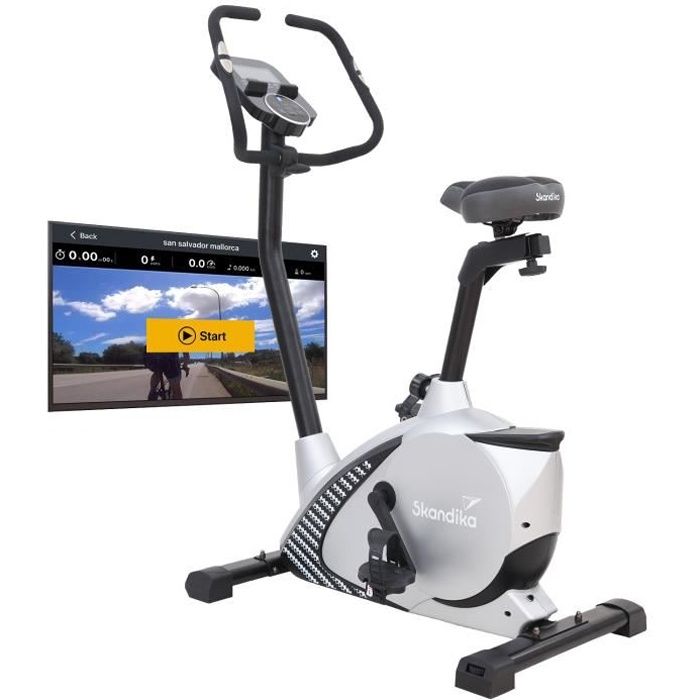 Skandika Glede - Vélo d'appartement ergomètre - Inertie 11 kg - 12 Progr. - Bluetooth - Contrôle par appli - Gris