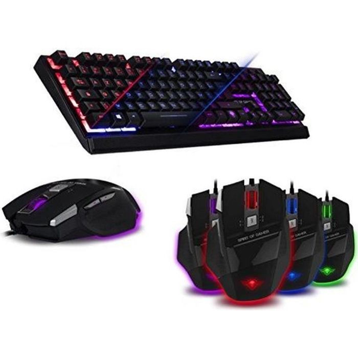 PACK GAMER Pour PC : Clavier USB AZERTY rétroéclairé EK10 + Souris Gamer M8 Light -7 BOUTONS (1 RAPID FIRE), rétro éclairée