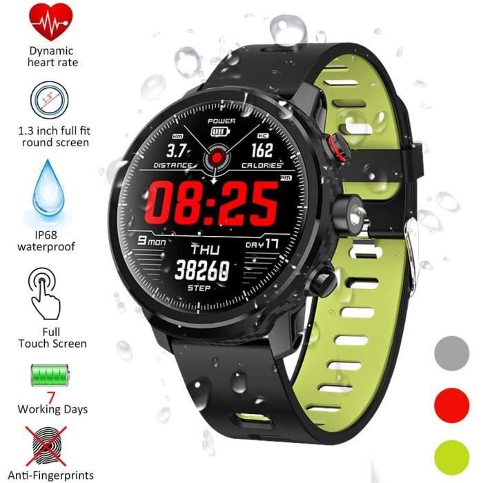 Montre Connectée Femmes Homme Montre Sport Avec IP68 étanche 1.3'' Écran Moniteur Cardiaque Podomètre Caméra pour Android iOS-Vert